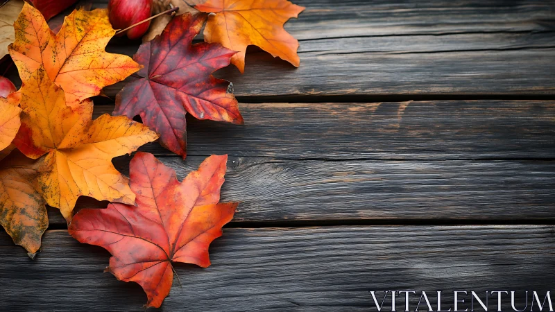 Colorful autumn maple leaves on rustic wooden boards.