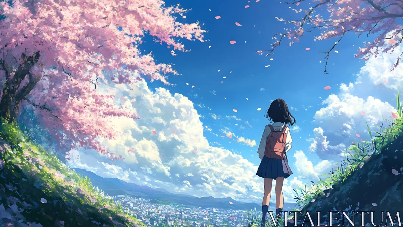 Cherry blossoms welcome a quiet girl above the sunlit town