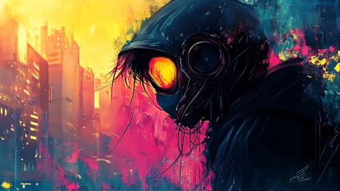 Hooded wanderer stalks neon city in blazing dusk haze.