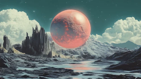 Digital painting of crimson planet above icy alien valley.