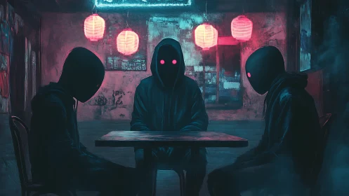 Hooded faceless figures seated under red lantern light.