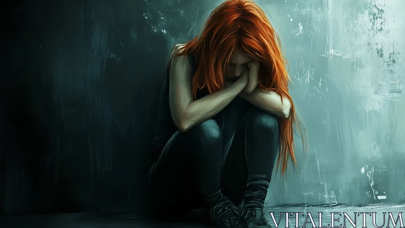 Solitary redhead curls inward in a storm of muted teal sorrow.