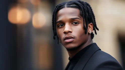 Quiet city confidence in a softly lit street portrait.