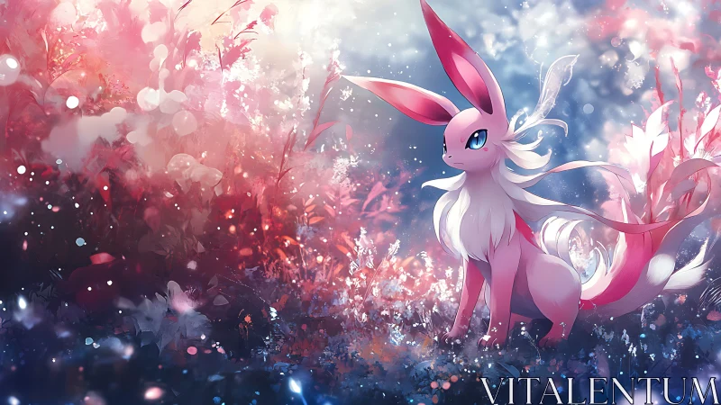 Pastel fox creature in luminous floral fantasy meadow.