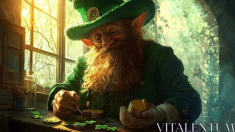 Leprechaun meticulously stacking gold coins in warm rim lighting