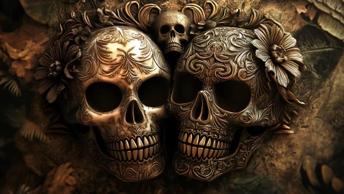 Ornate metallic skulls with floral carvings on textured wall.