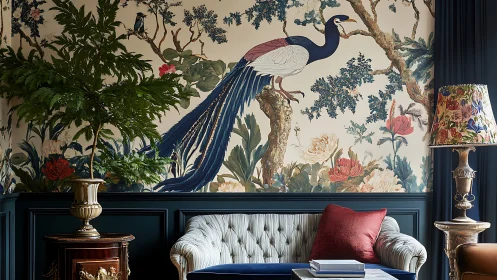 Elegant living room wall showcases grand peacock mural art