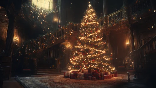 Illuminated Christmas tree occupies grand hall interior space