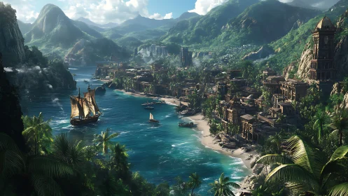 Coastal mountain settlement with harbor surrounded by steep topography.