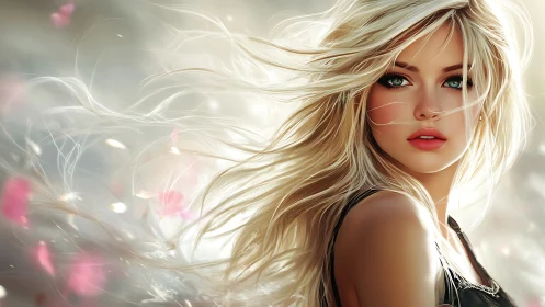 Wind-tossed blonde muse with emerald eyes in glowing bloom.