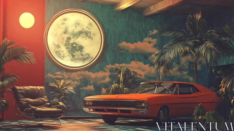 Retro coupe glows under surreal indoor moonlight scene.