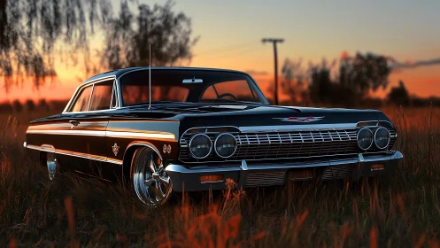 Photorealistic classic muscle car at sunset in field composition.