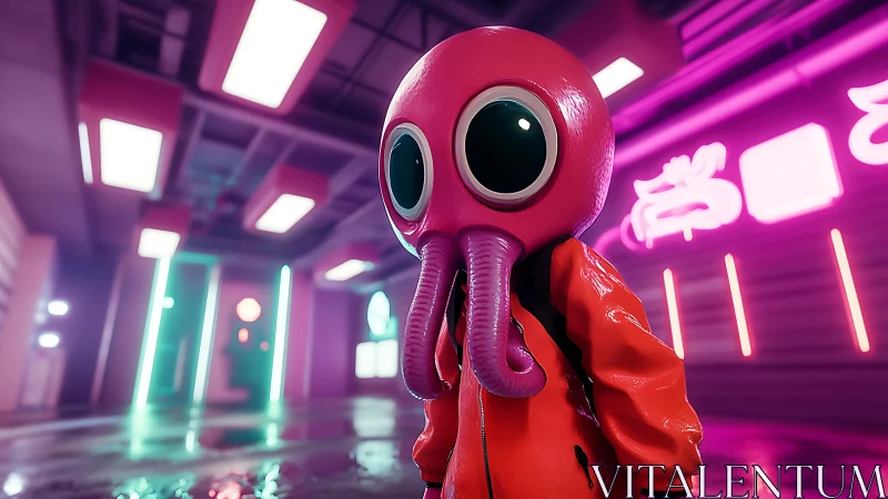 Neon-soaked alien character explores futuristic corridor.