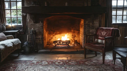Warmth Embraces Stone: Fireplace Glow Conjures Refuge