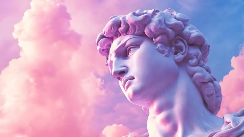 Rendered classical bust head with gradient sky backdrop