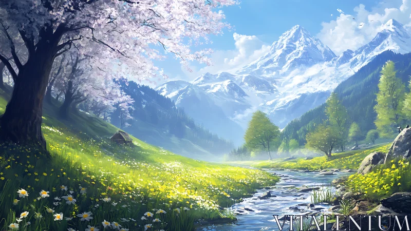 Spring alpine valley stream under snow-capped peaks, high saturation