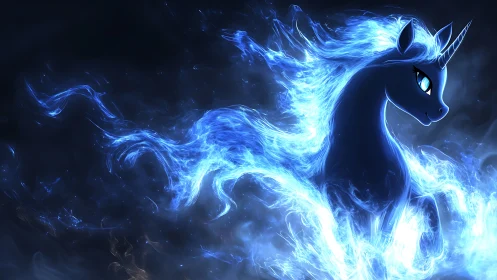 Luminous blue unicorn glowing with gentle, magical fire.