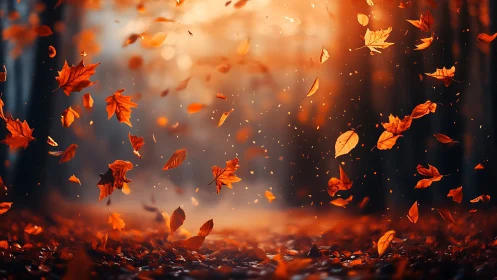 Autumn leaves spiral through glowing bokeh in shallow focus forest