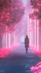 Lone walker in neon sakura corridor of lucid twilight.