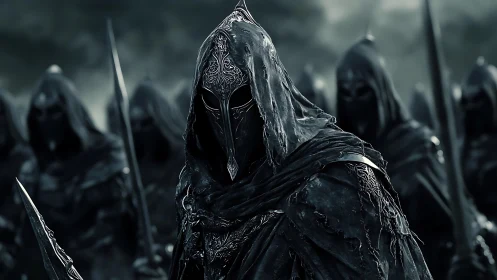 Hooded armored figures stand in formation under overcast sky