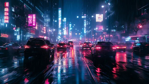 Rain-soaked neon city street with cars in dense traffic.