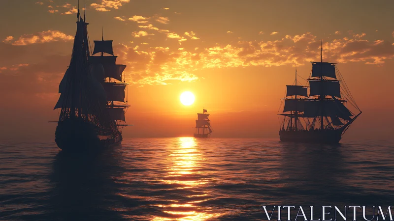 Tall ships cross calm sea beneath vivid orange sunset sky