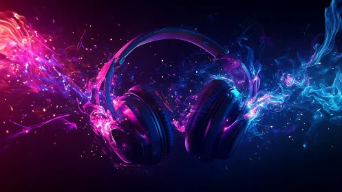 Binaural headphones with neon plasma audio flux visualized.