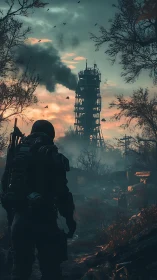 Lone wasteland scout studies a smoking tower at toxic dusk