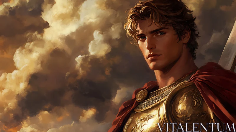Golden armored hero under storm-lit clouds at dusk.