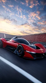 Aerodynamic hypercar rendering on illuminated racetrack at dusk.