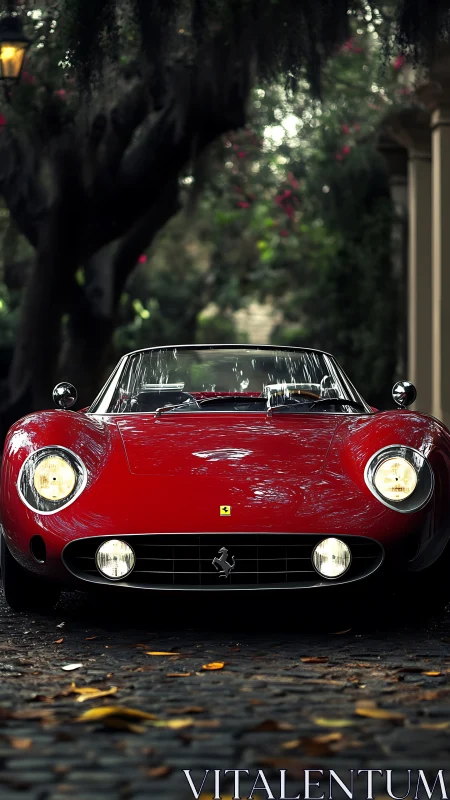 Scarlet classic roadster under moody garden canopy.
