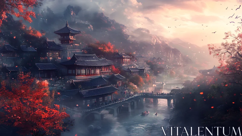 Autumn-lit riverside temple city in misty mountain valley.