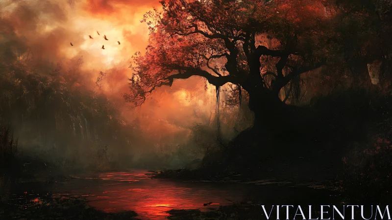 Ancient crimson tree dominates misty river at sunset