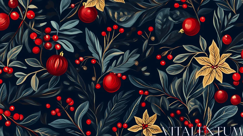 Digital botanical holiday pattern with berries and ornaments.