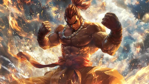 Muscular martial artist amid swirling fire and clouds.