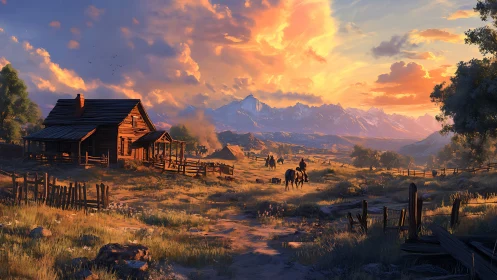 Digital painting of frontier ranch at sunset with riders returning.