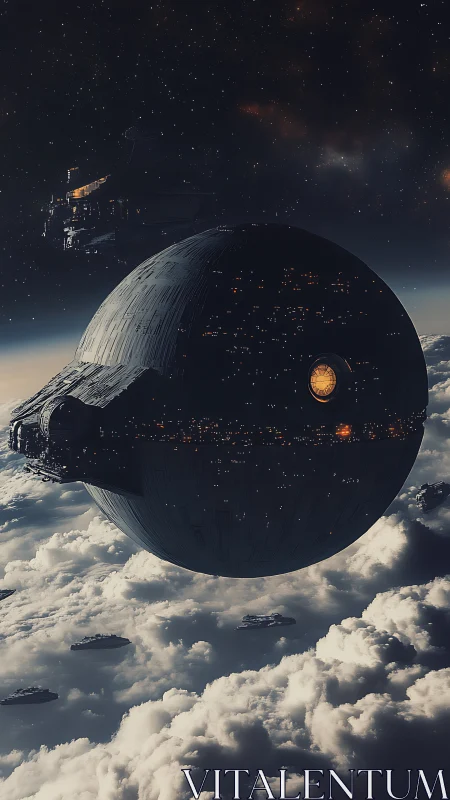Massive spherical starship hovering above cloud layer.