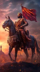 Sunset warlord rides embers of glory across burning sky.