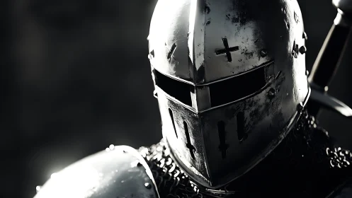 Helmeted medieval knight rendered in high contrast lighting