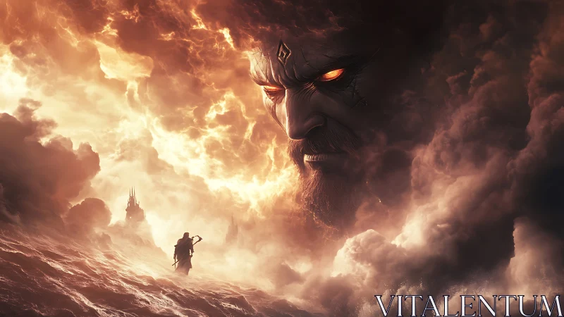 Colossal fiery face in storm clouds confronts lone figure