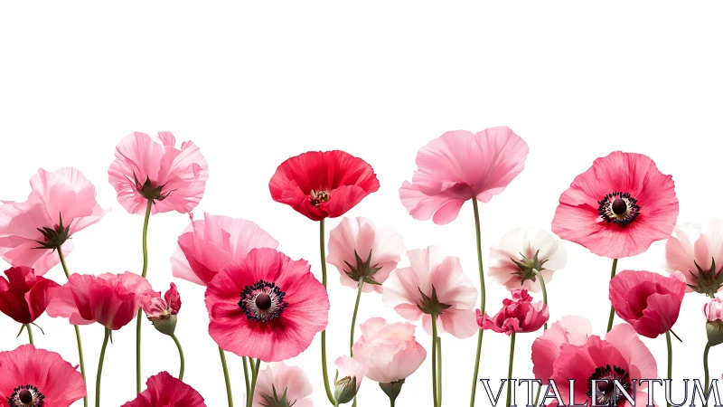 Pink and Magenta Anemone Flowers Against White Background.