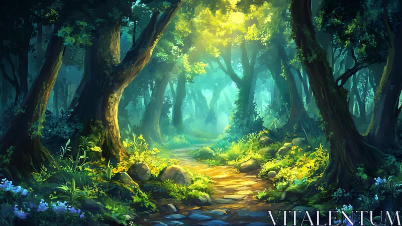 Illuminated forest corridor with atmospheric light filtering through dense tree canopy