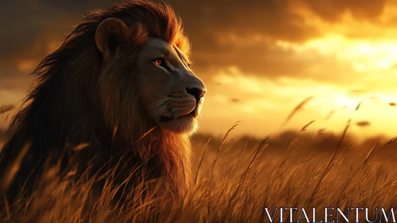 Golden hour lion portrait in tall savanna grassland profile
