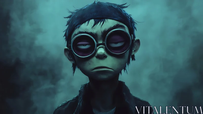 Sleepy goggle kid in teal misty midnight mood.