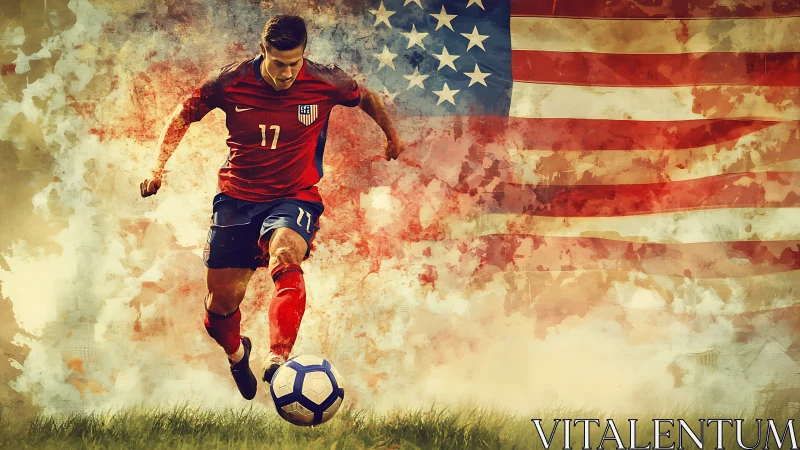 Star spangled striker racing past watercolor American sky.