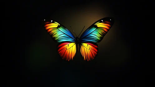 Multicolored butterfly wings against uniform dark background.