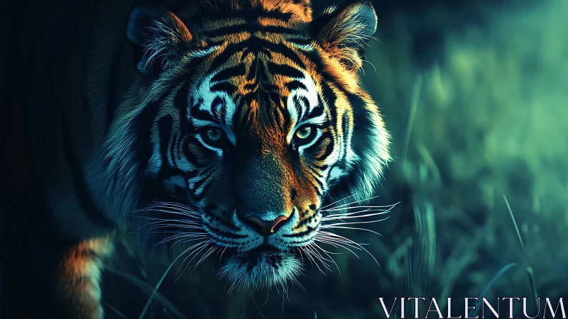 Stalking tiger in teal-lit jungle, cinematic close portrait.