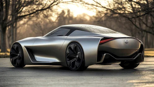 Sleek silver concept car glides quietly through a calm sunset