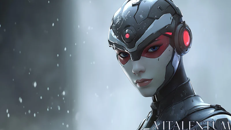 Futuristic female android portrait in detailed cybernetic armor