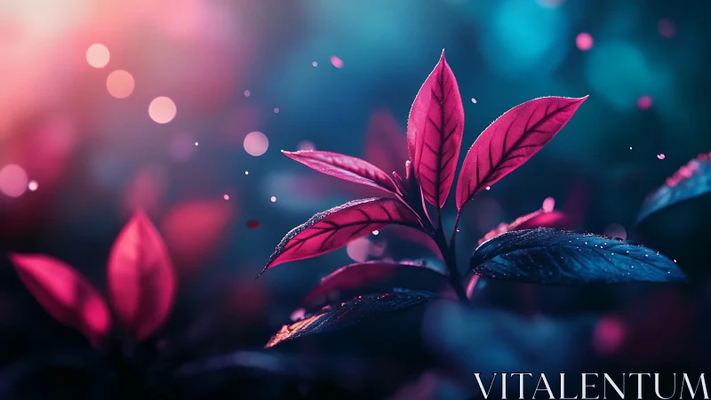 Neon bokeh botanical close-up with luminous magenta foliage.